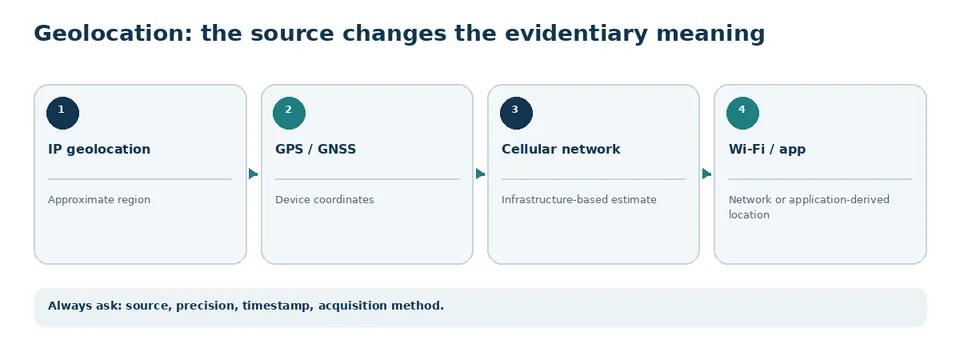 Comparison of geolocation sources and the different attribution meanings of their data.