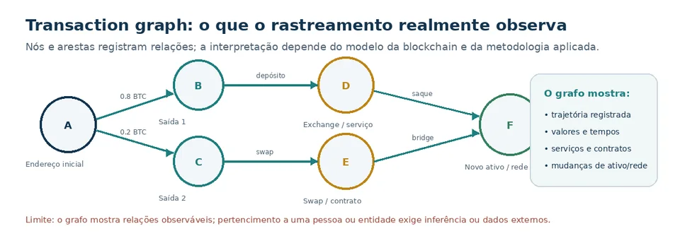 Grafo de transações com relações observáveis entre endereços, serviços e ativos.