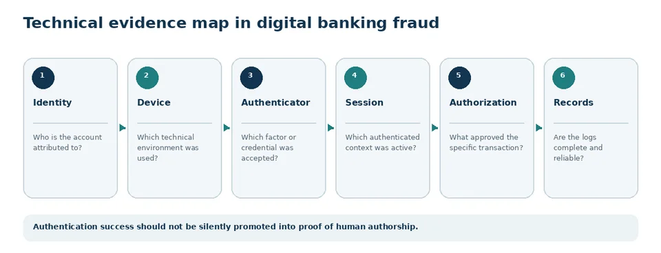 Map of digital banking fraud evidence, from enrolled identity and authentication to transaction and record integrity.