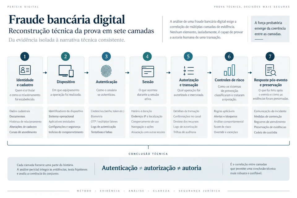 Mapa das fontes de evidência na fraude bancária digital, da identidade e autenticação à transação e integridade dos registros.