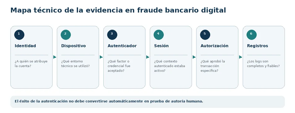 Mapa de fuentes de evidencia en fraude bancario digital, desde identidad y autenticación hasta transacción e integridad de registros.
