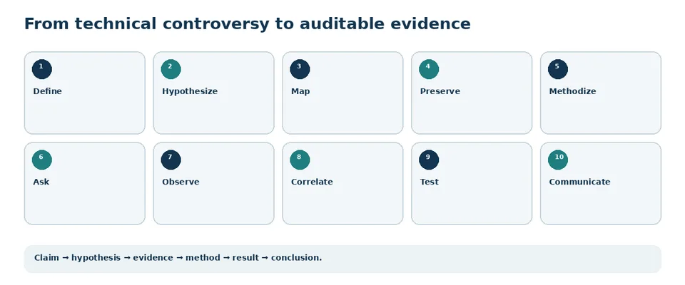 Integrated framework linking dispute, hypotheses, evidence, expert questions, method, testing and communication.