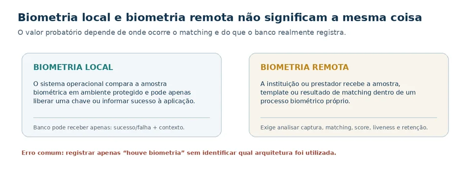 Comparação entre biometria local e remota, com arquiteturas e limites probatórios distintos.