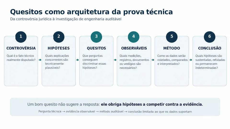 Sequência da controvérsia às hipóteses, quesitos, observáveis, método e conclusão técnica.