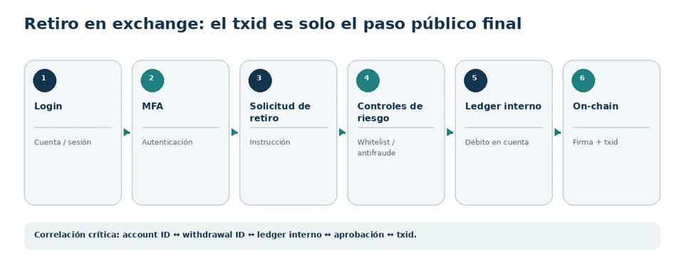 Flujo de retiro en exchange hasta el txid público, con eventos internos anteriores.