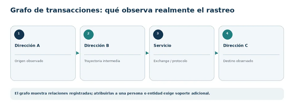 Grafo de transacciones que muestra relaciones observables entre direcciones, servicios y activos.