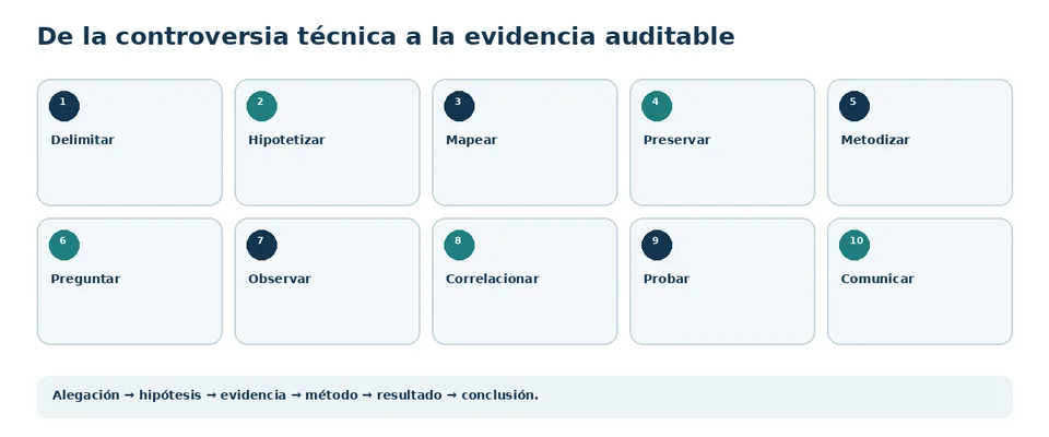 Framework integrado que conecta controversia, hipótesis, evidencia, preguntas, método, prueba y comunicación.
