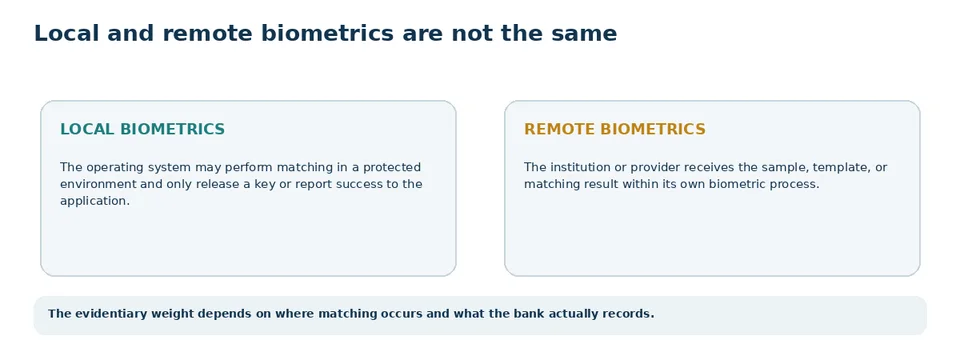 Comparison of local and remote biometrics, their architectures and distinct evidentiary limits.
