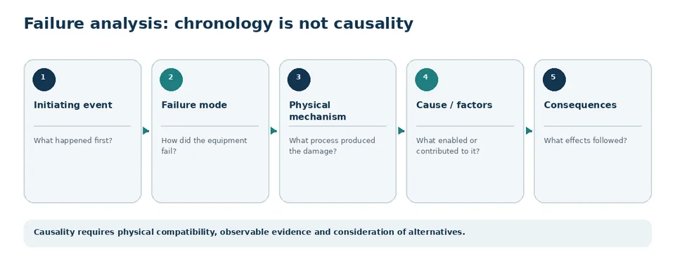 Failure-analysis chain from temporal sequence to physical mechanism and cause.