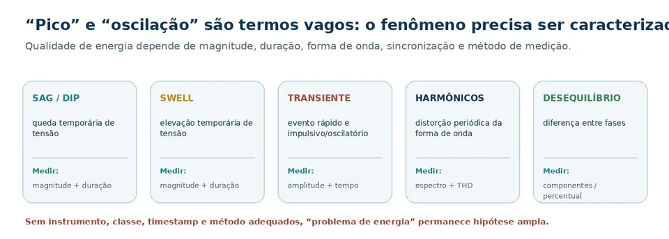 Comparação de fenômenos de qualidade de energia que exigem caracterizações e medições distintas.