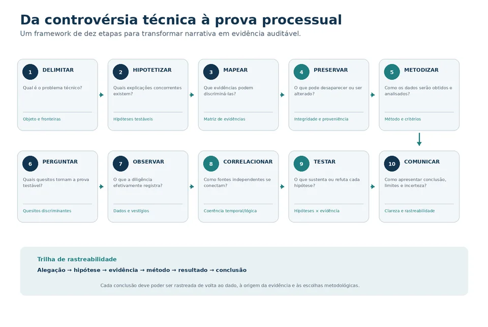 Framework integrado que liga controvérsia, hipóteses, evidências, quesitos, método, teste e comunicação da conclusão.