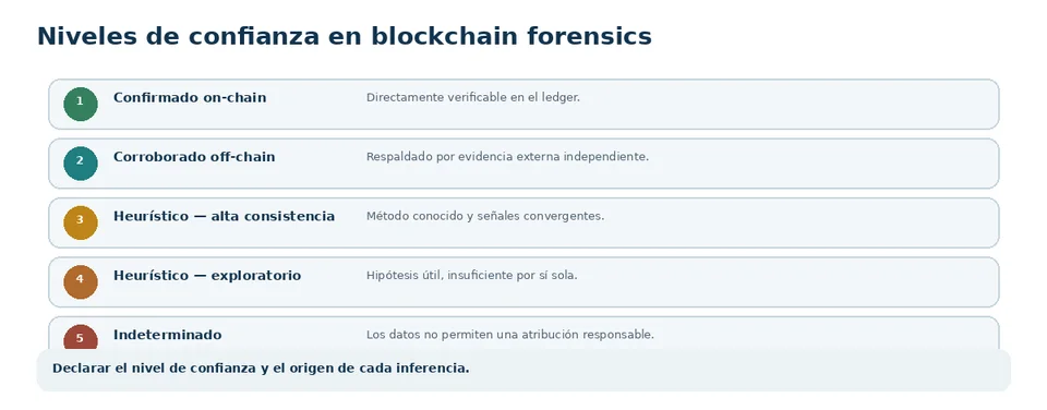 Escala de confianza que separa confirmación on-chain, corroboración off-chain, inferencia heurística e indeterminación.