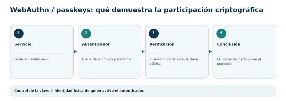 Flujo de autenticación WebAuthn que muestra la participación de una passkey y una credencial criptográfica.