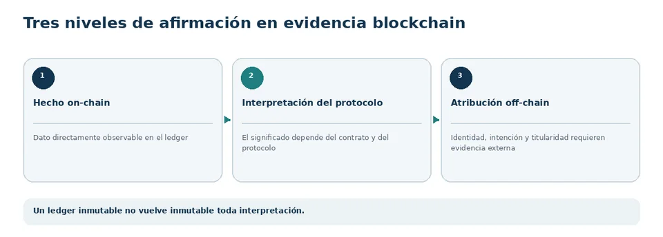 Tres niveles de afirmación en blockchain: hecho on-chain, interpretación del protocolo y atribución off-chain.