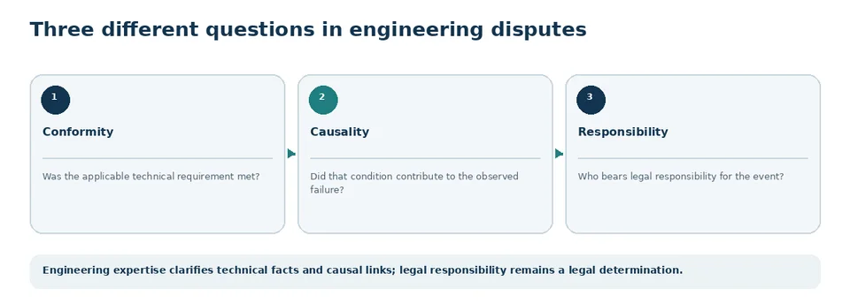 Three separate questions in failure analysis: conformity, causation and responsibility.