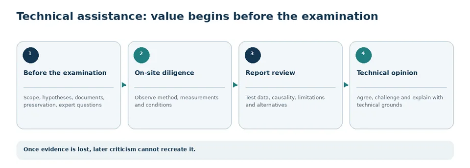 Timeline of technical assistance before examination, during inspection and after the expert report.