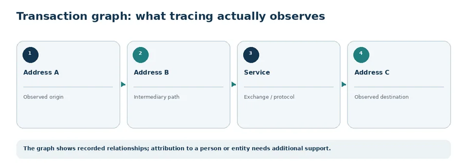 Transaction graph showing observable relationships among addresses, services and assets.