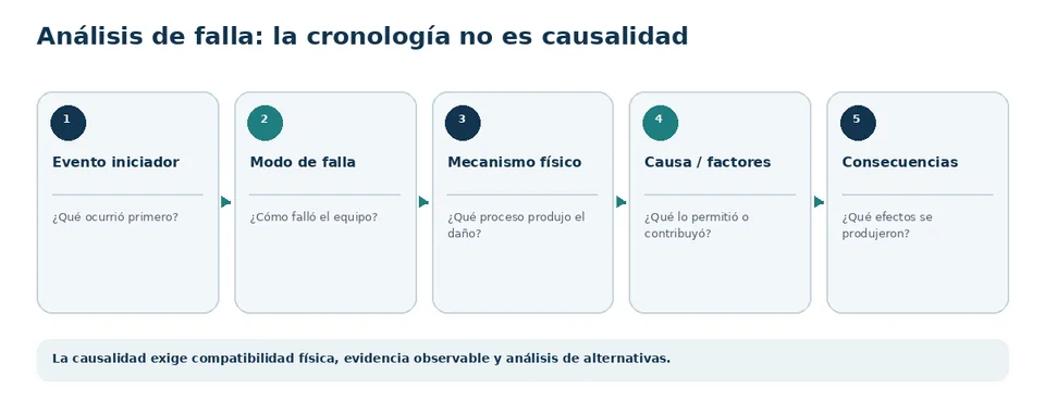 Cadena de análisis de falla desde la secuencia temporal hasta el mecanismo físico y la causa.