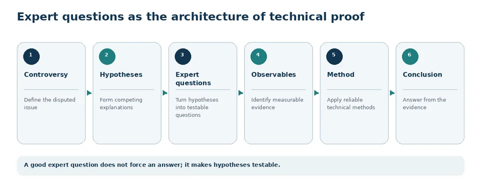 Sequence from dispute to hypotheses, expert questions, observations, method and technical conclusion.