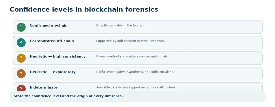Confidence scale separating on-chain confirmation, off-chain corroboration, heuristic inference and uncertainty.