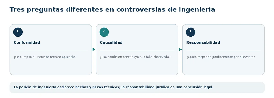 Tres preguntas distintas en el análisis de falla: conformidad, causalidad y responsabilidad.