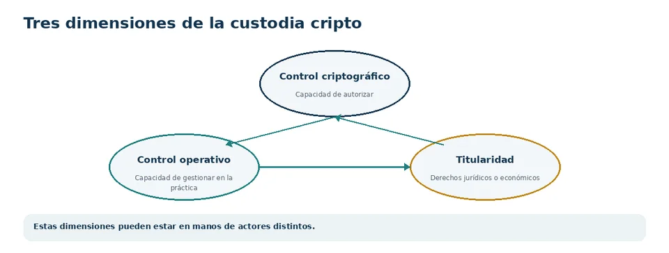 Tres dimensiones distintas en criptoactivos: control criptográfico, control operativo y titularidad.