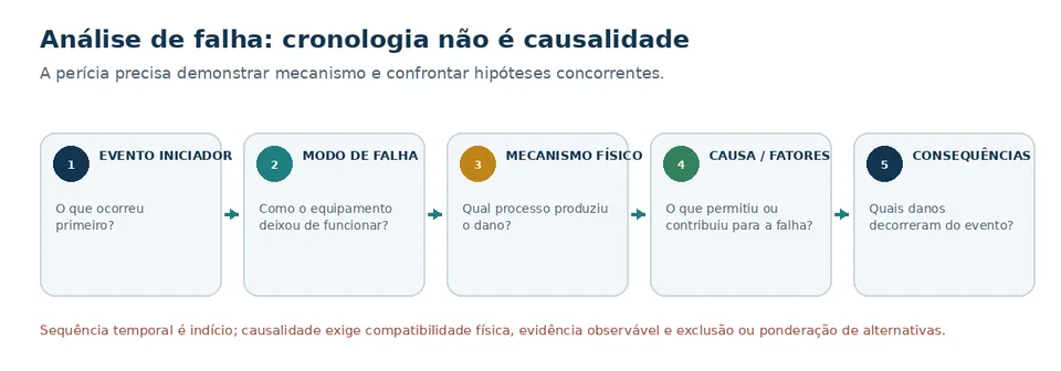 Cadeia de análise de falha, da sequência temporal ao mecanismo físico e à causa.