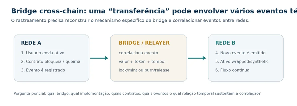 Fluxo de bridge cross-chain em que uma transferência corresponde a vários eventos técnicos.