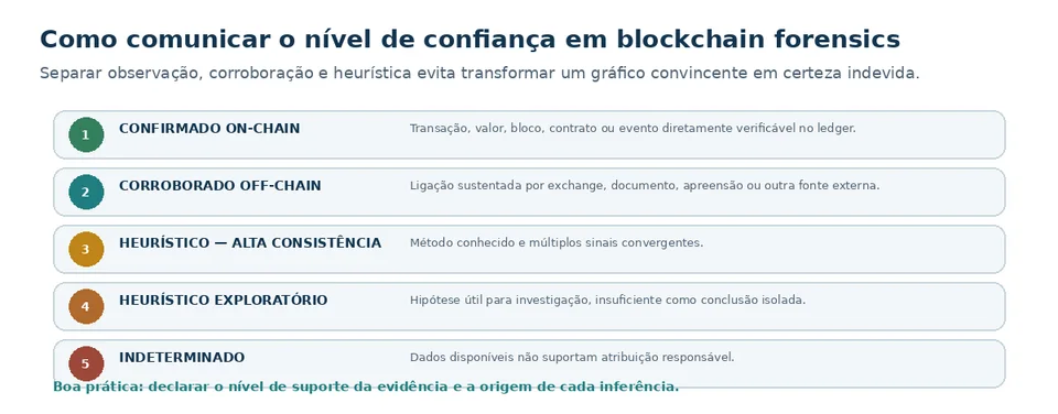 Escala de confiança que distingue confirmação on-chain, corroboração off-chain, heurística e indeterminação.