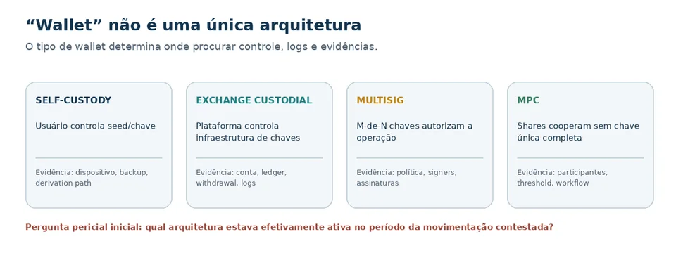 Arquiteturas de wallet e possíveis fontes de evidência em cada modelo de custódia.