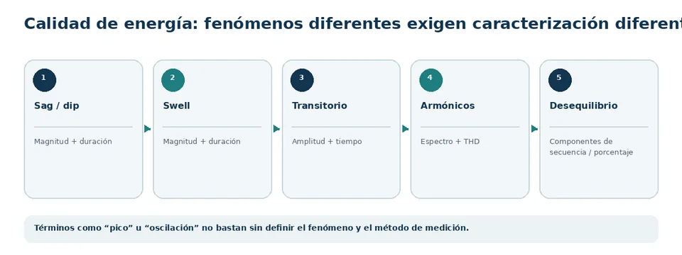 Comparación de fenómenos de calidad de energía que requieren caracterización y medición diferentes.