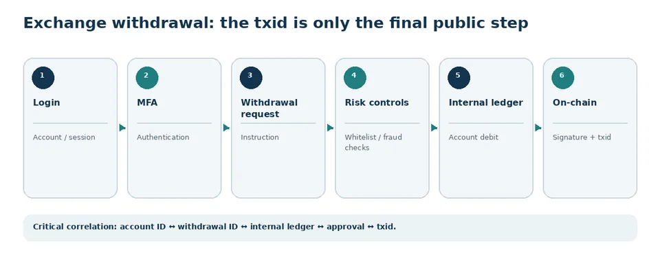 Exchange withdrawal flow leading to a public transaction ID, including earlier internal events.