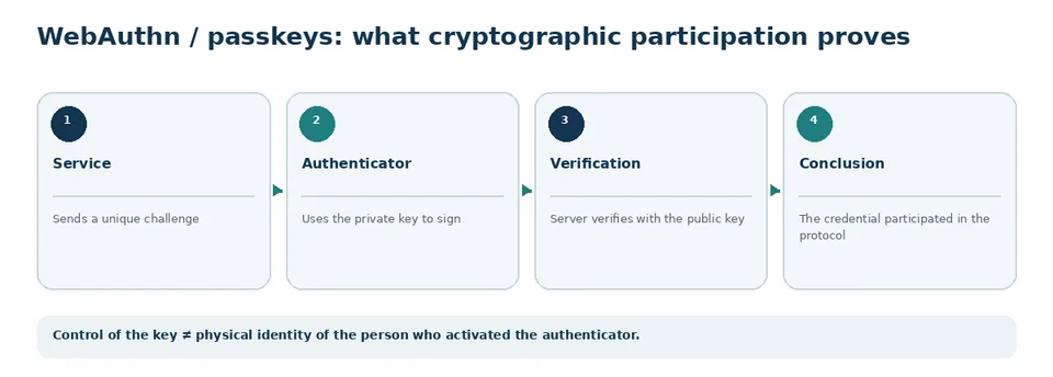 WebAuthn authentication flow showing a passkey and cryptographic credential participating in the event.